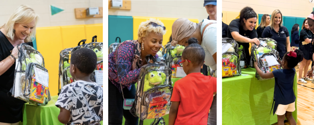 Cheeriodicals backpacks being handed out to young children in under-served communities