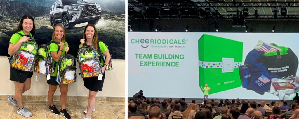 Three Cheeriodicals Event Managers pose for a photo and are smiling as they hold up clear backpacks full of school supplies. Right of this photo is a Cheeriodicals Event Manager on stage giving a presentation.