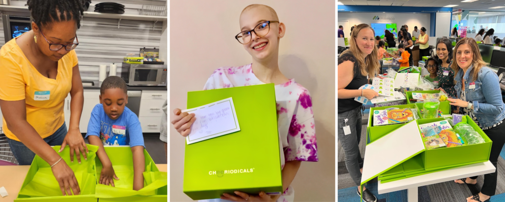 People of all ages pack bright green Cheeriodicals boxes full of toys for children in the hospital. A girl recovering from cancer treatments smiles and holds a Cheeriodicals box. 