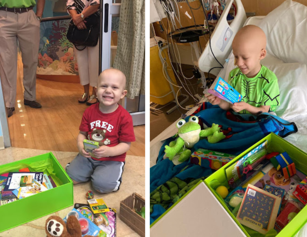 Two young boys smile with their new bight green Cheeriodicals boxes filled with toys during their hospital stay
