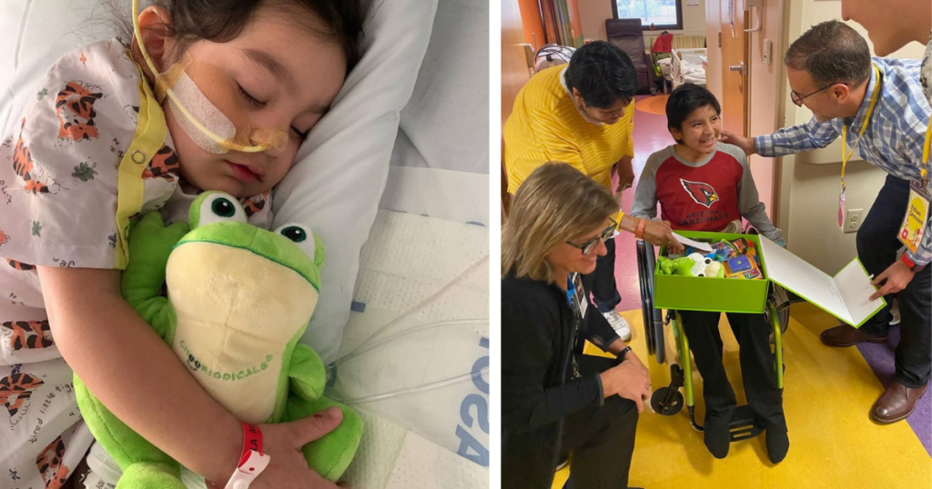 Little girl sleeping with her Cheeriodicals frog and a young boy in a wheelchair opening his Cheeriodicals box of toys and smiling