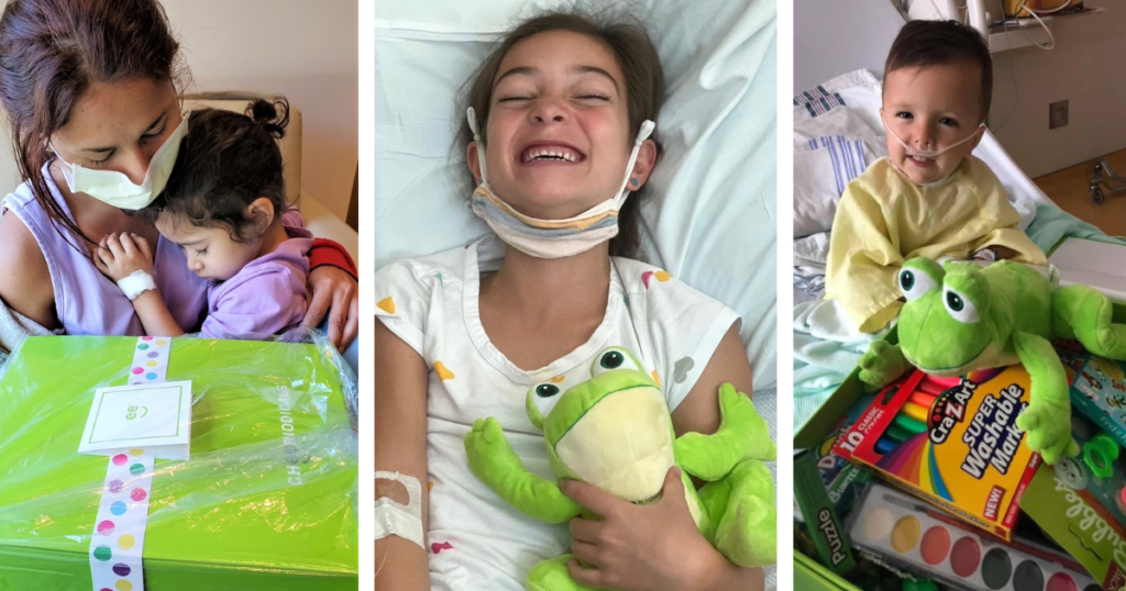 Mom and her baby sleeping with Cheeriodicals box, girl laughing with a Cheeriodicals frog, little boy in hospital smiling with his Cheeriodicals frog