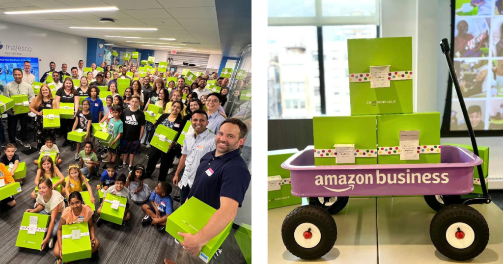 A large group of coworkers smiling and posing with green Cheeriodicals boxes and a purple Amazon Business branded wagon holding Cheeriodicals boxes