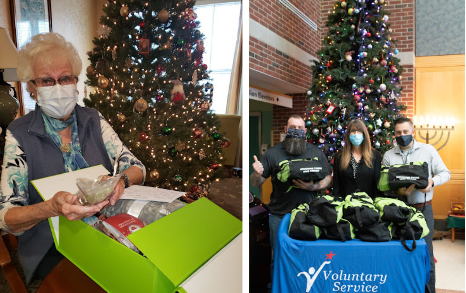 A woman at an assisted living facility opens her green Cheriodicals care box. Three volunteers stand in front of a Christmas tree at a VA with Cheeriodicals car ebags for Veterans for the holidays