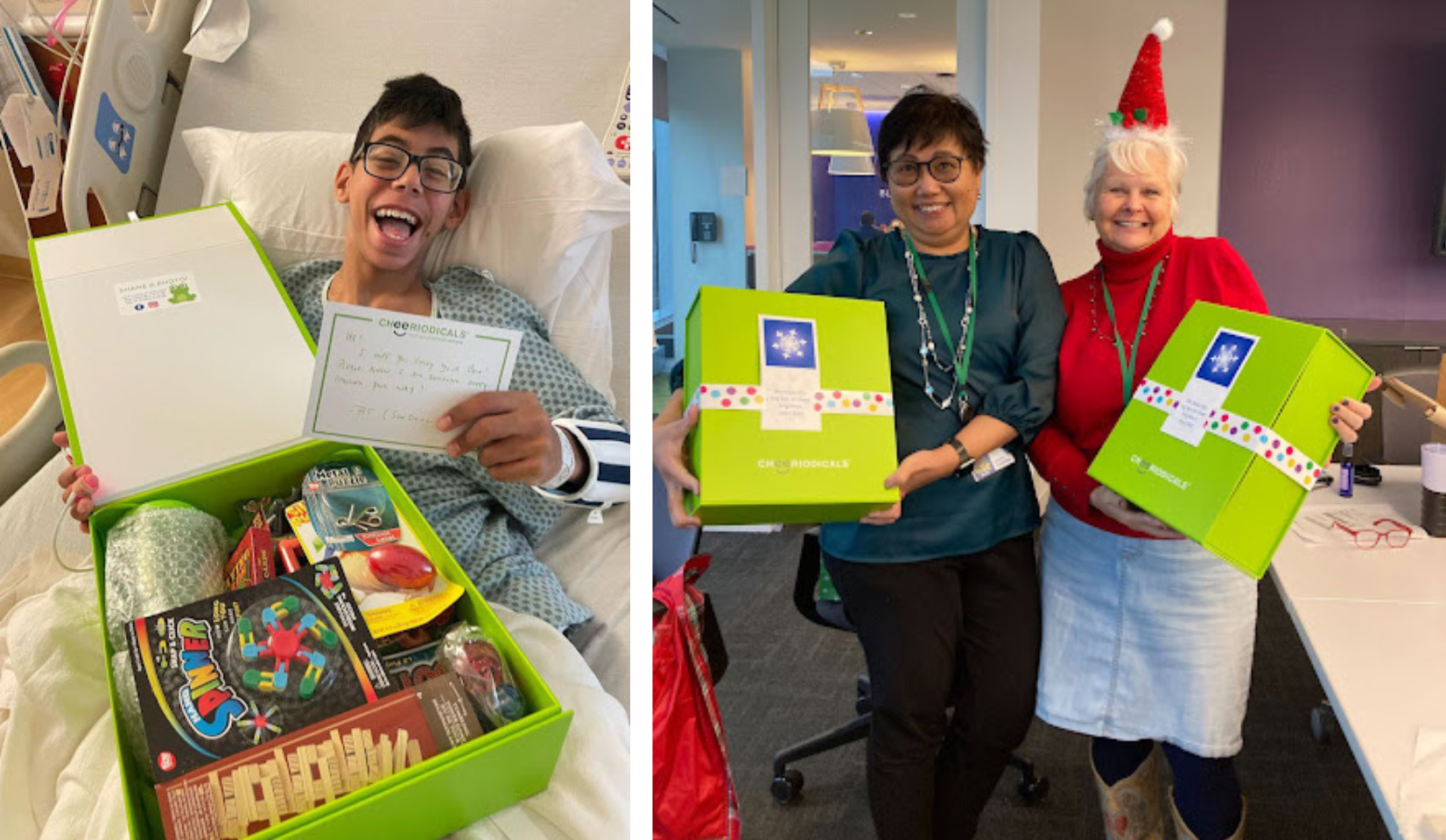 a young boy in a hospital bed smiles big as he opens his green cheeriodicals box of toys. Two women pose and smile as they hold up christmas themed cheeriodicals boxes for kids